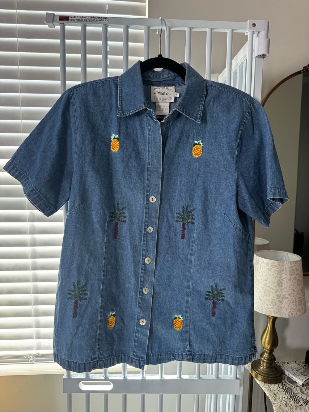 Country Wear Casuals Embroidered Pineapple & Palm Denim Button-Up Shirt